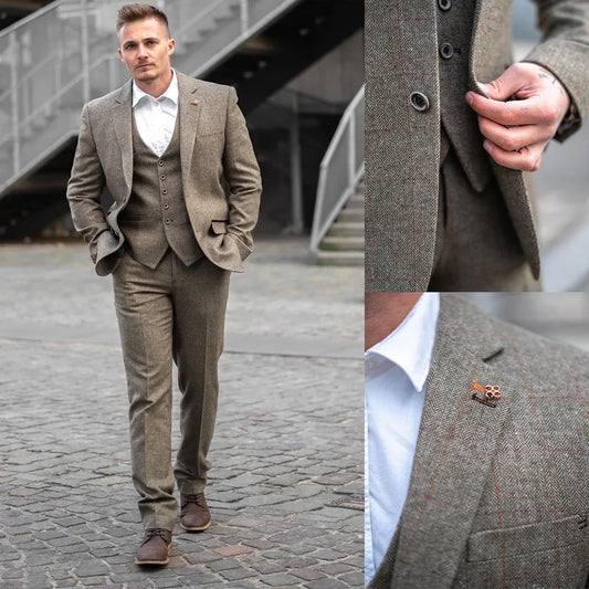 Costume Homme Men Suits 3 Pieces Plaid Woolen Material Customize British Style Men Suits High Quality Cotton Formal Business