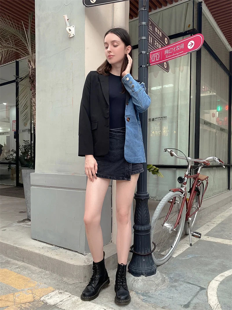 Women Vintage Fashion Blazer Denim Patchwork Jackets 2022 Autumn Winter Irregular Coat Women Long Sleeve Loose Korean Outerwear