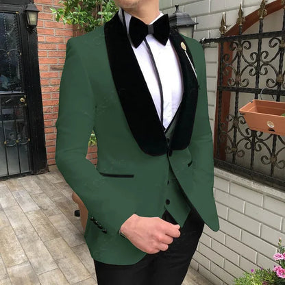 Fashion Men's Suit 3 Pieces Slim Fit Prom Tuxedos Tweed Shawl Lapel Wedding Grooms Blazer Vest Pants Wholesale