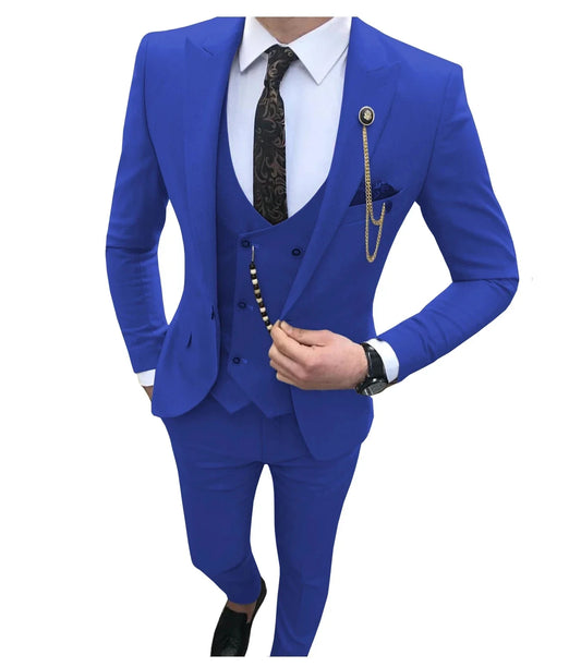 Men Suits Slim Fit 3 Piece Royal Blue Peaked Lapel Business For Wedding Suit Men Casual Prom Tuxedos Groom(Blazer+Vest+Pant)