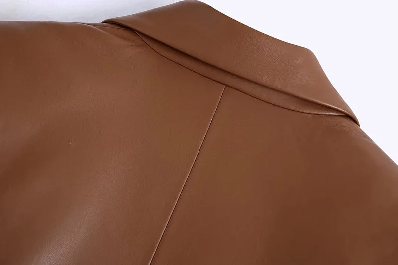 Women Fashion Notched Double Breasted PU Leather Blazers Coat Casual Straight Long Sleeve Back Vents Female Outerwear Chic Tops