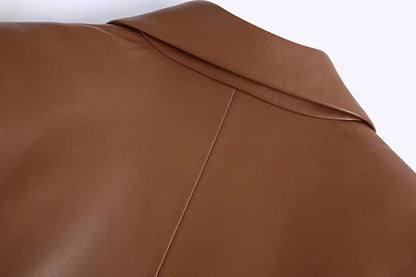 Women Fashion Notched Double Breasted PU Leather Blazers Coat Casual Straight Long Sleeve Back Vents Female Outerwear Chic Tops