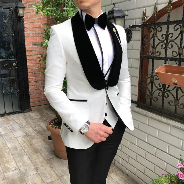 Fashion Men's Suit 3 Pieces Slim Fit Prom Tuxedos Tweed Shawl Lapel Wedding Grooms Blazer Vest Pants Wholesale