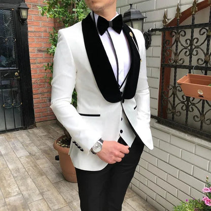 Fashion Men's Suit 3 Pieces Slim Fit Prom Tuxedos Tweed Shawl Lapel Wedding Grooms Blazer Vest Pants Wholesale