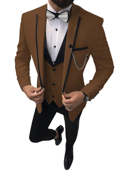 Men Suits 3 Pieces Slim Fit One Button Casual Business Groomsmen Brown Peak Lapel Tuxedos For Formal Wedding(Blazer+Pants+Vest)
