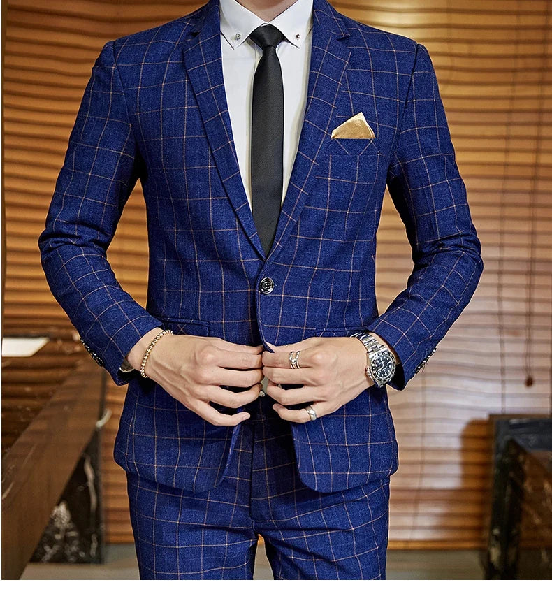 Men's Plaid Smart Casual Blazer Slim Fit Single Button Suit Jacket for Wedding & Business