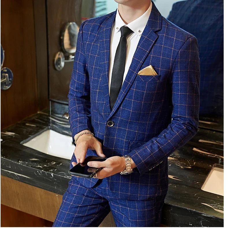 Men's Plaid Smart Casual Blazer Slim Fit Single Button Suit Jacket for Wedding & Business