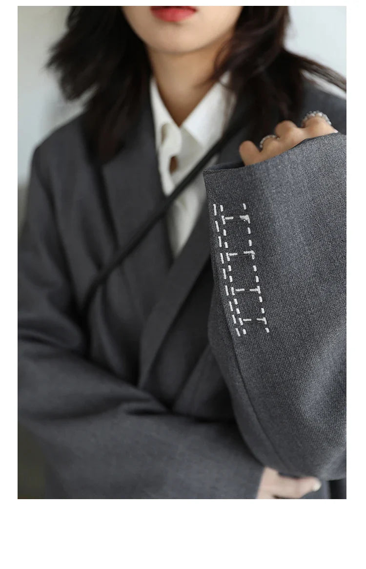 Women Office Lady Blazer Cuff Embroidery Wide Shoulder Twill Suit Women's Autumn Ladies Outerwear  Stylish Tops
