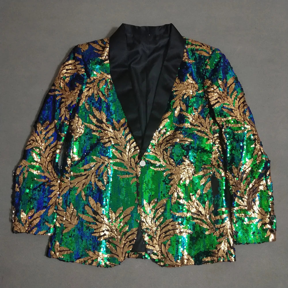 Men's Embroidery Sequins Blazer Suit Jacket Shawl Collar Slim Fit Evening Party Dance Blazers Singer Host Stage Tuxedo Coat