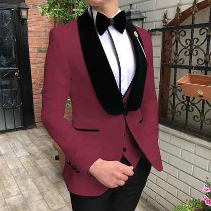 Fashion Men's Suit 3 Pieces Slim Fit Prom Tuxedos Tweed Shawl Lapel Wedding Grooms Blazer Vest Pants Wholesale