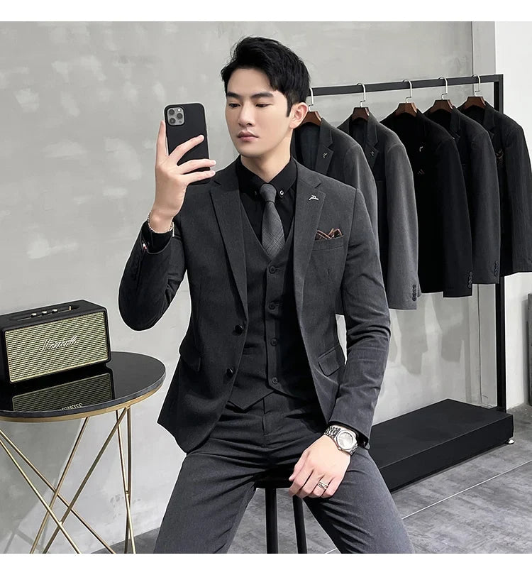 Plus Size S-7XL Man Korean Slim Fit Custom Groom Business Casual Tuxedo Blazers Vest Pant Casual Wedding Social Tuxedo Dress