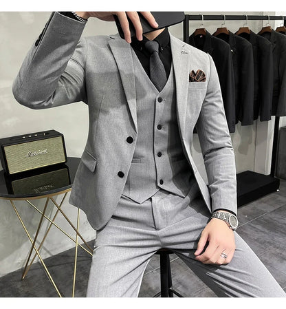 Plus Size S-7XL Man Korean Slim Fit Custom Groom Business Casual Tuxedo Blazers Vest Pant Casual Wedding Social Tuxedo Dress