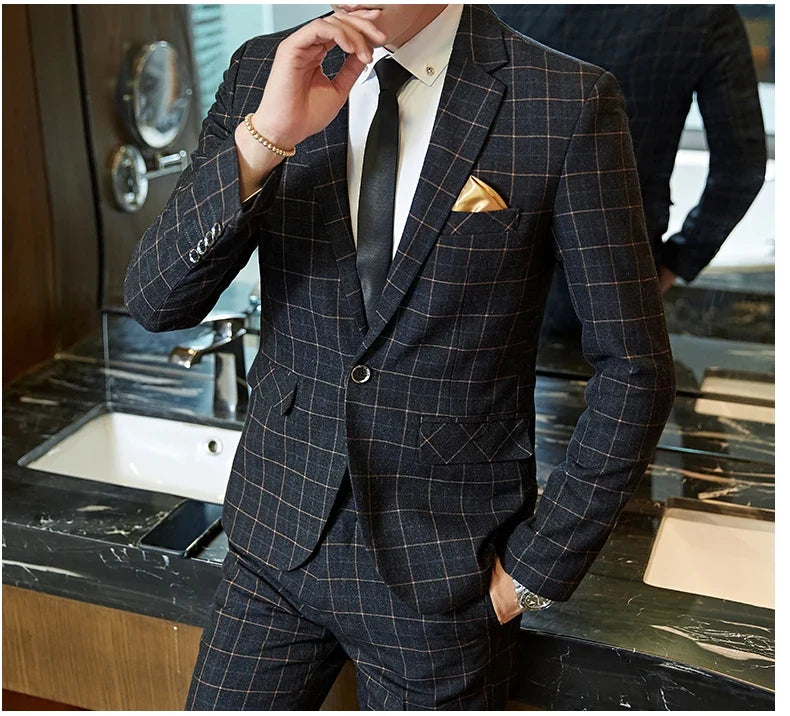 Men's Plaid Smart Casual Blazer Slim Fit Single Button Suit Jacket for Wedding & Business