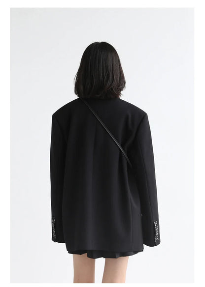 Women Office Lady Blazer Cuff Embroidery Wide Shoulder Twill Suit Women's Autumn Ladies Outerwear  Stylish Tops
