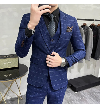 (Jackets +Pants+Vest) Luxury Men Groom Wedding Tuxedo Fashion Plaid Business Suits High Quality Casual Business Suit Three-piece