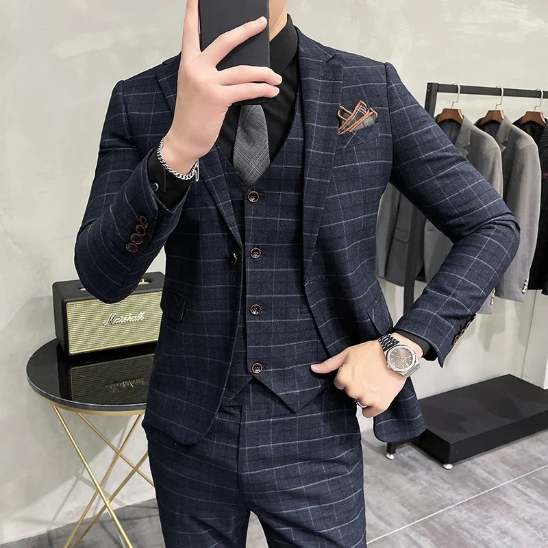 (Jackets +Pants+Vest) Luxury Men Groom Wedding Tuxedo Fashion Plaid Business Suits High Quality Casual Business Suit Three-piece