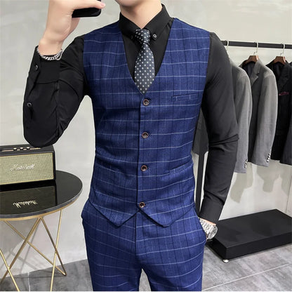 (Jackets +Pants+Vest) Luxury Men Groom Wedding Tuxedo Fashion Plaid Business Suits High Quality Casual Business Suit Three-piece