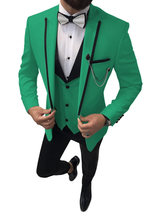 Formal Men's Suits Wedding Green Peaked Lapel Groom Tuxedo Best Man Blazer 3 Piece Costume Homme