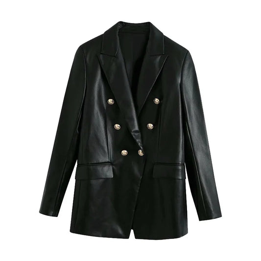 Women Fashion Notched Double Breasted PU Leather Blazers Coat Casual Straight Long Sleeve Back Vents Female Outerwear Chic Tops