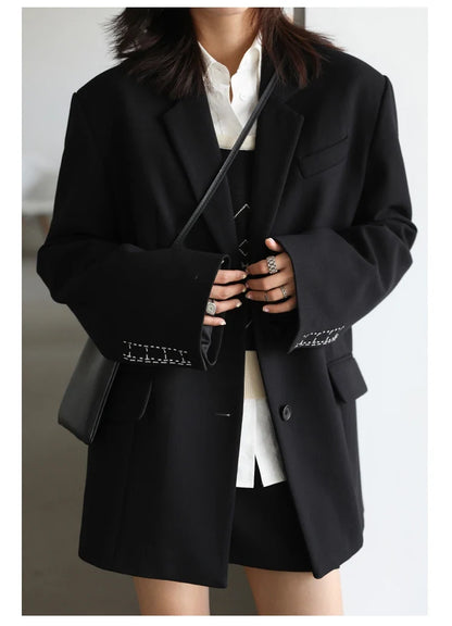 Women Office Lady Blazer Cuff Embroidery Wide Shoulder Twill Suit Women's Autumn Ladies Outerwear  Stylish Tops
