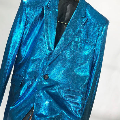 Bar Nightclub Shinny Silver Blue Green Blazer For Male Singer Host Stage Performance Costume Thin Style Slim One Button Coat