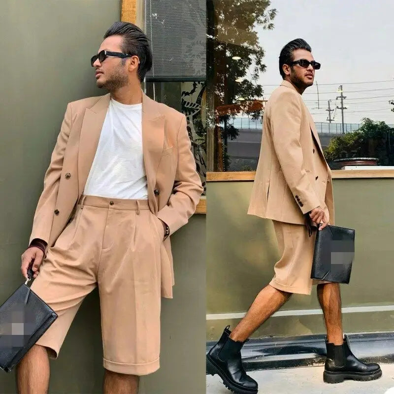 Costume Homme Summer Stylish Men's Suits Tailor-Made 2 Piece Suit Double Breasted Blazer and Short Pants Set Customized