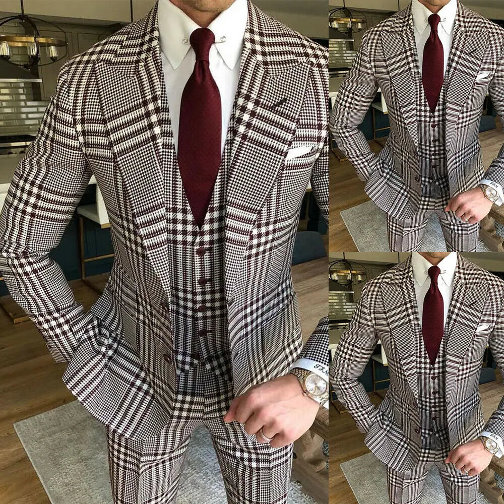Business Men Suits Tailor-Made Plaid Tuxedo 3 Pieces Blazer Plaid Wedding Groom Groomsman Party Singer Casual Prom Tailored