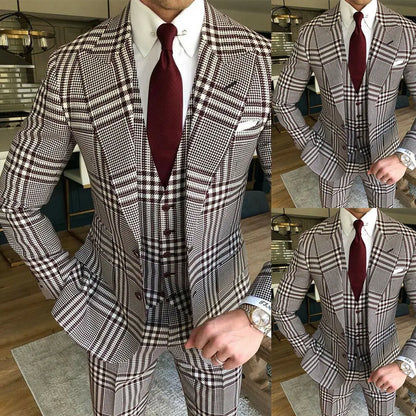 Business Men Suits Tailor-Made Plaid Tuxedo 3 Pieces Blazer Plaid Wedding Groom Groomsman Party Singer Casual Prom Tailored