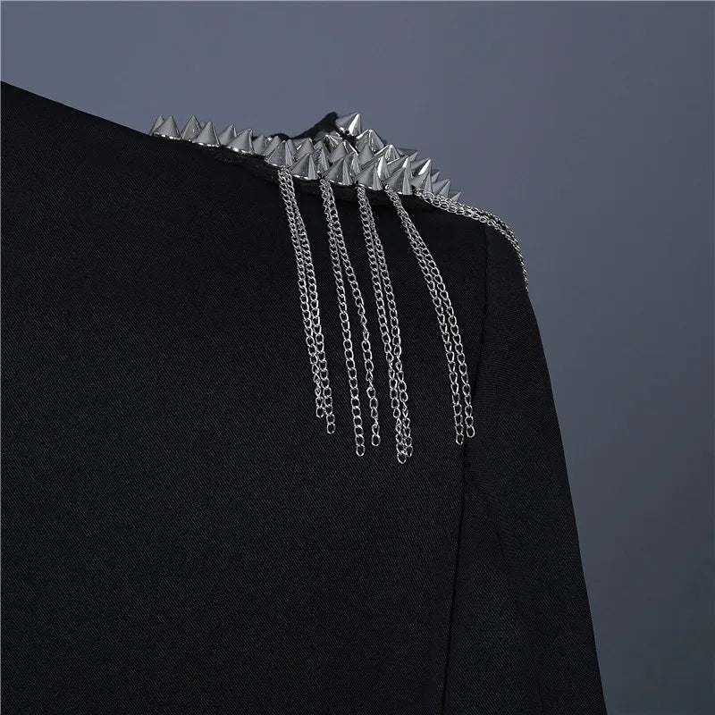 Men's Fashion Silver Black Rivet Sequined Slim Fit Jacket Punk Style Stage Performance Coat Bar Singer Host Nightclub Stage Wear