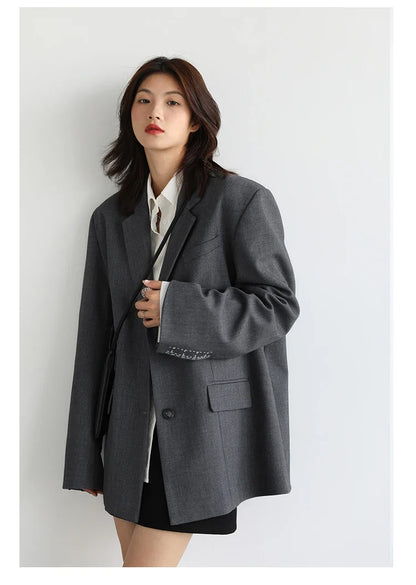 Women Office Lady Blazer Cuff Embroidery Wide Shoulder Twill Suit Women's Autumn Ladies Outerwear  Stylish Tops