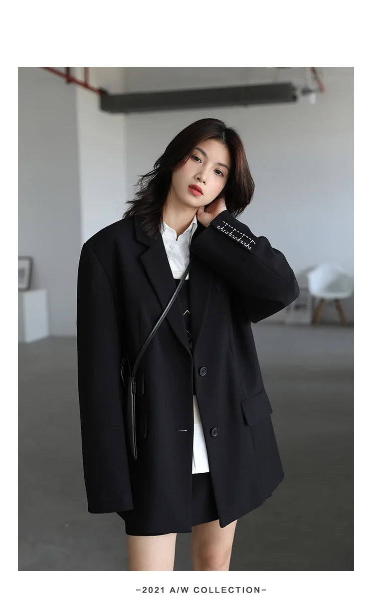 Women Office Lady Blazer Cuff Embroidery Wide Shoulder Twill Suit Women's Autumn Ladies Outerwear  Stylish Tops