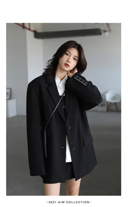 Women Office Lady Blazer Cuff Embroidery Wide Shoulder Twill Suit Women's Autumn Ladies Outerwear  Stylish Tops