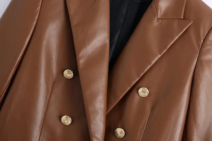 Women Fashion Notched Double Breasted PU Leather Blazers Coat Casual Straight Long Sleeve Back Vents Female Outerwear Chic Tops