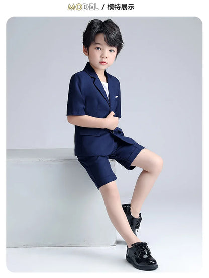 Boys Summer Blazer Jacket +Shorts 2PCS Clothing Set School Kids Wedding Tuxedo Dress Children Chorus Performance Dress Costume