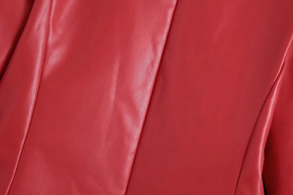 Women Fashion Notched Double Breasted PU Leather Blazers Coat Casual Straight Long Sleeve Back Vents Female Outerwear Chic Tops