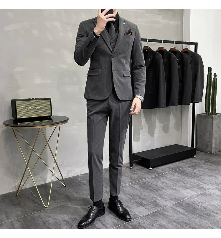 Plus Size S-7XL Man Korean Slim Fit Custom Groom Business Casual Tuxedo Blazers Vest Pant Casual Wedding Social Tuxedo Dress