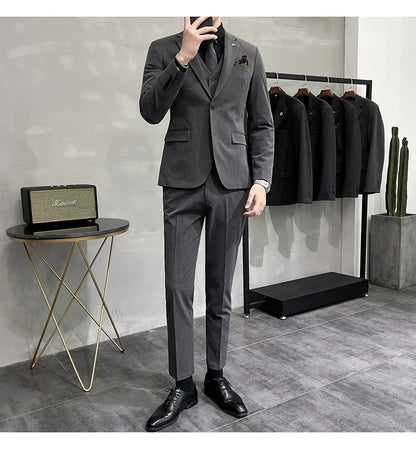 Plus Size S-7XL Man Korean Slim Fit Custom Groom Business Casual Tuxedo Blazers Vest Pant Casual Wedding Social Tuxedo Dress