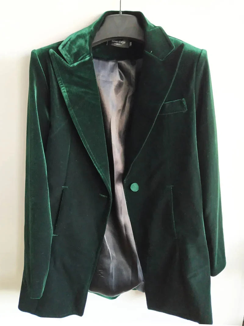New Female High Quality Chic Tops Europe women's velvet blazer Slim Fit Long OL jacket Ladies Blouses Suit Coat Free Shipping
