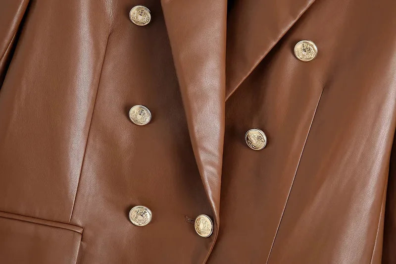 Women Fashion Notched Double Breasted PU Leather Blazers Coat Casual Straight Long Sleeve Back Vents Female Outerwear Chic Tops