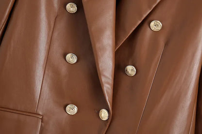 Women Fashion Notched Double Breasted PU Leather Blazers Coat Casual Straight Long Sleeve Back Vents Female Outerwear Chic Tops