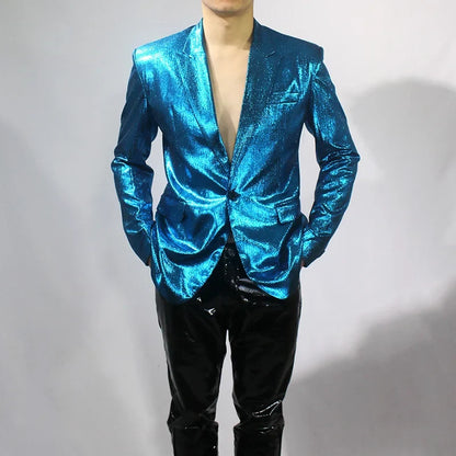 Bar Nightclub Shinny Silver Blue Green Blazer For Male Singer Host Stage Performance Costume Thin Style Slim One Button Coat