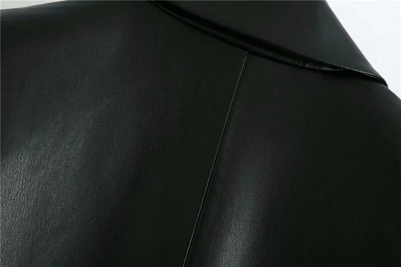 Women Fashion Notched Double Breasted PU Leather Blazers Coat Casual Straight Long Sleeve Back Vents Female Outerwear Chic Tops