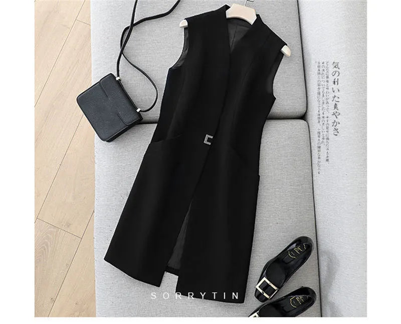 Spring Autumn Women Vest Coat New Fashion Mid Long Sleeveless Blazer Jacket Office Lady Waistcoat Female Outerwear Casual Tops