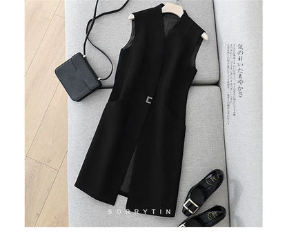 Spring Autumn Women Vest Coat New Fashion Mid Long Sleeveless Blazer Jacket Office Lady Waistcoat Female Outerwear Casual Tops