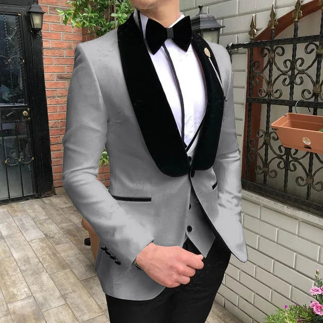 Fashion Men's Suit 3 Pieces Slim Fit Prom Tuxedos Tweed Shawl Lapel Wedding Grooms Blazer Vest Pants Wholesale