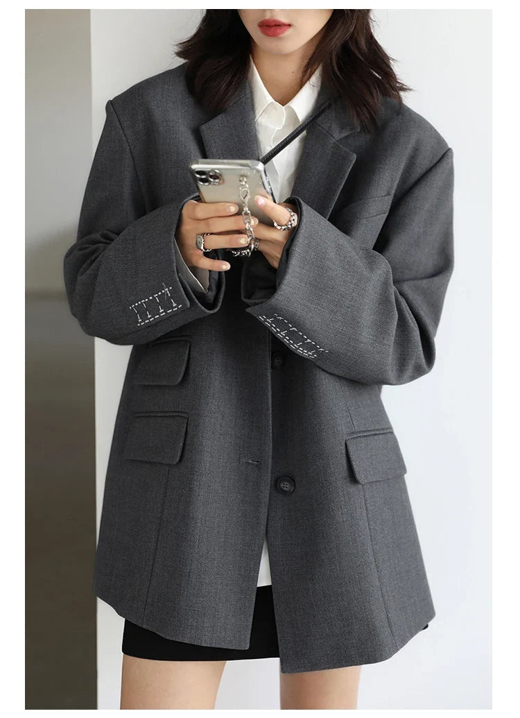 Women Office Lady Blazer Cuff Embroidery Wide Shoulder Twill Suit Women's Autumn Ladies Outerwear  Stylish Tops