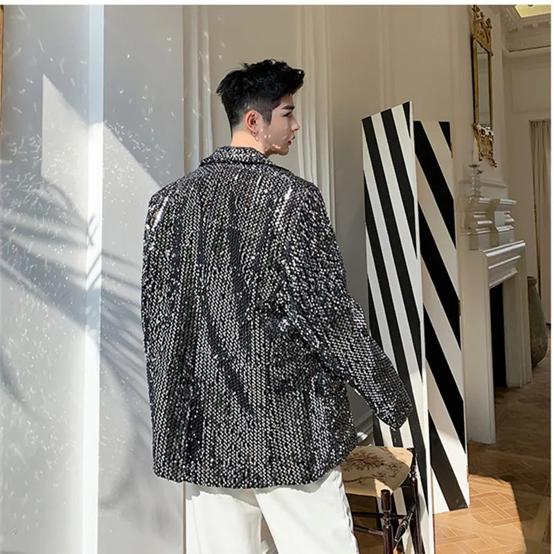 Sparkly Black Sequins Blazer Jacket Evening Party Nightclub Bar Male Singer Stage Performance Costume Fashion Loose Casual Coat