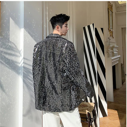 Sparkly Black Sequins Blazer Jacket Evening Party Nightclub Bar Male Singer Stage Performance Costume Fashion Loose Casual Coat