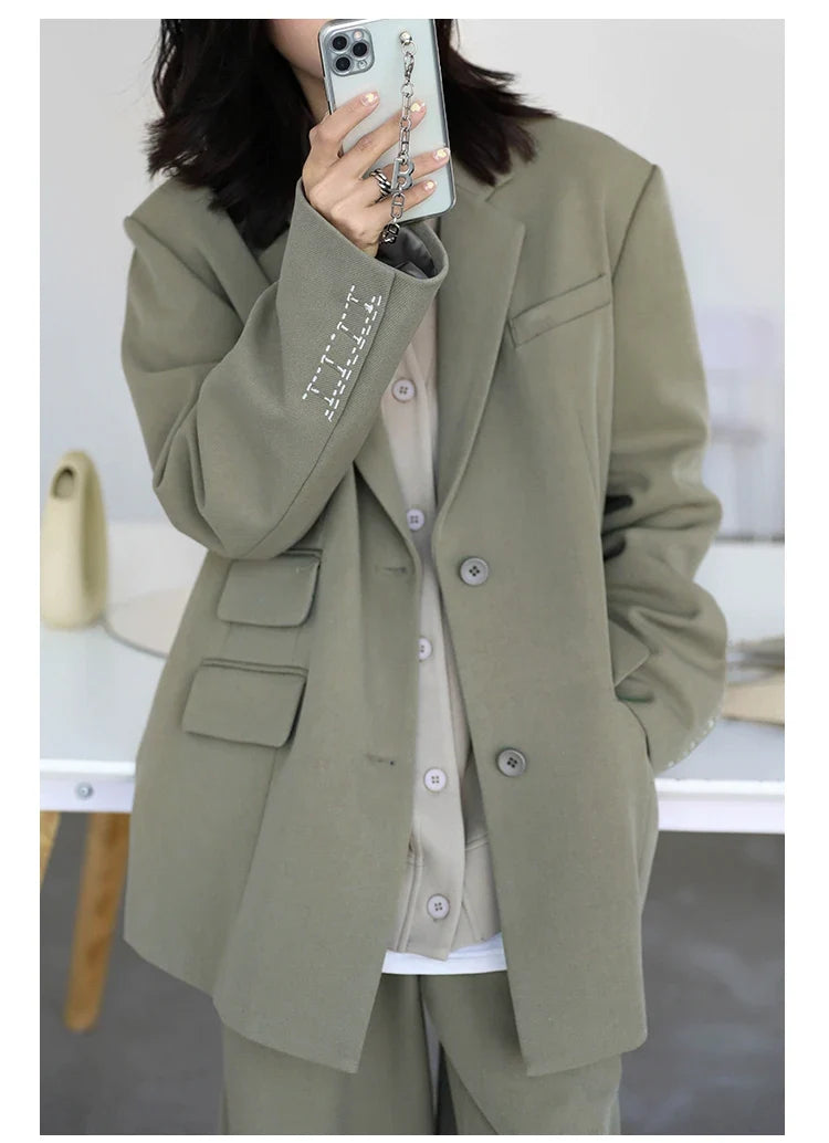 Women Office Lady Blazer Cuff Embroidery Wide Shoulder Twill Suit Women's Autumn Ladies Outerwear  Stylish Tops