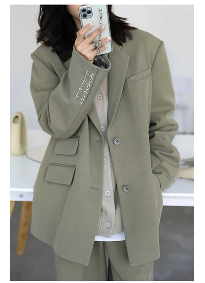 Women Office Lady Blazer Cuff Embroidery Wide Shoulder Twill Suit Women's Autumn Ladies Outerwear  Stylish Tops